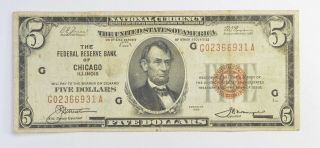 Rare 1929 $5.  00 National Currency Chicago Federal Reserve Bank - Brown Seal 297