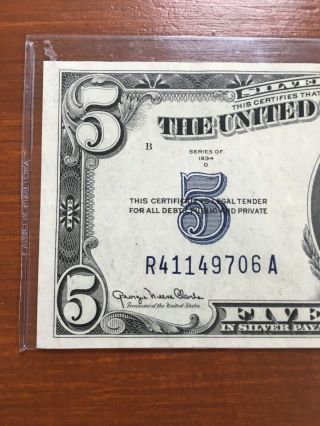 1934 D $5 Five Dollar Silver Certificate Crisp Paper 2