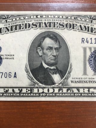 1934 D $5 Five Dollar Silver Certificate Crisp Paper 3