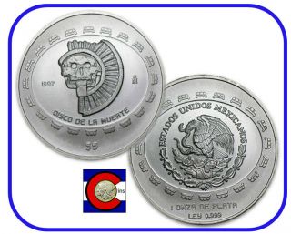 1997 Disco De La Muerte (disk Of Death) 5 Pesos 1oz Silver Coin - Teotihuacan