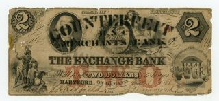 1861 $2 The Exchange Bank - Hartford,  Connecticut (altered) Note Civil War Era