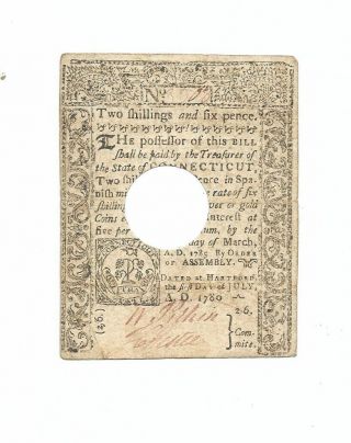 Orig.  State Of Connecticut Colonial Note " Two Shillings Six Pence " 1780
