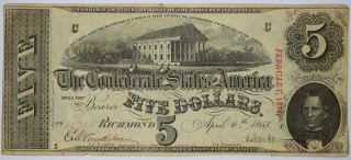 $5 1863 T - 60 Richmond Virginia Confederate States Of America Currency