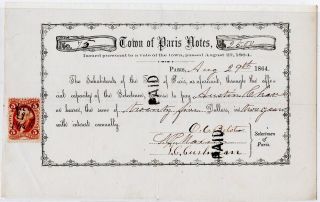 Rare - Civil War 1864 $25 Bounty Bond Town Of Paris - Maine