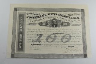 Authentic - 1863 Confederate States - Civil War $100 Bond Certificate 617