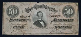 1864 Confederate States Of America $50 Fifty Dollar Note 3 Series 63286