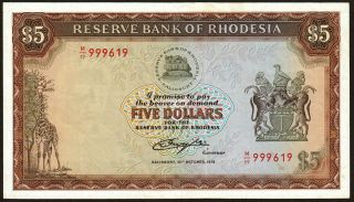 Rhodesia: 1978 Five Dollars ($5) Banknote Au