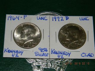 1964 - P Kennedy 90 Silver {unc} Half Dollar & 1972 - D Kennedy {unc} Half Dollar