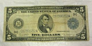 1914 $5 Five Dollar Large Size Federal Reserve Note 3 - C Horse Blanket (h)