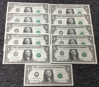 1995 $1 Federal Reserve Star Notes Partial District Set - 11 Unc.  Star Notes