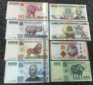 Set Of 8 Bank Of Tanzania Notes 500 - 10000 Schillings,  Lion - Rhino - Elephant & More