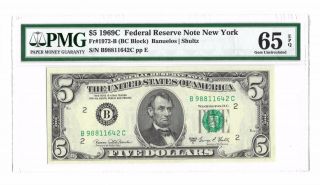 1969c $5 York Frn,  Pmg Gem Uncirculated 65 Epq Banknote