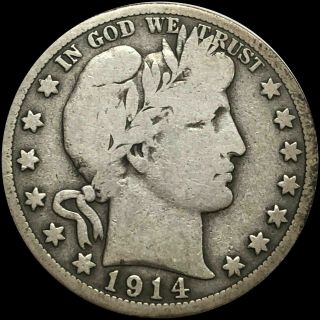 1914 - S Barber Silver Half Dollar.  Good Looking Silver Coin.