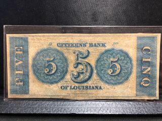 USA 5 Dollars Cinq Citizens Bank of Orleans Louisiana - - Obsolete Bill 2