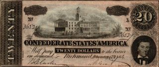 Vtg 1864 $20 U.  S.  Civil War Currency Note CSA CAPITOL NASHVILLE T - 67 VF/XF 2