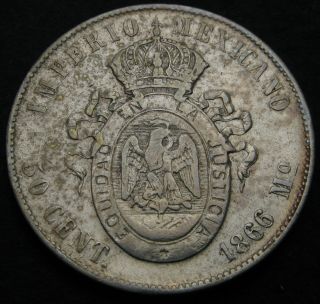 Mexico (empire Of Maximilian) 50 Centavos 1866 Mo - Silver - F - 2570