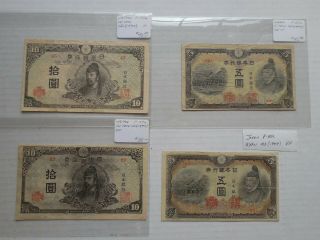 Japan - (2) 10 Yen P - 77a Nd (1945) F & Vf - (2) 5 Yen Notes P - 55a Nd (1944) Vf - Vg
