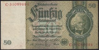 1933 50 Reichsmark Germany Vintage Nazi Old Paper Money Banknote Rare Currencyvf