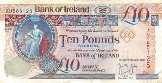 Ireland N.  10 Pounds 5.  9.  2000 Series Au Circulated Banknote E218s