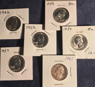 Six Uncirc.  Silver Washington Quarters 1946,  1954,  1957,  1958,  1959,  1961