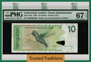 Tt Pk 28a 1998 Netherlands Antilles 10 Gulden " Bird " Pmg 67 Epq Gem Unc