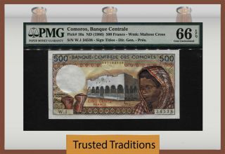 Tt Pk 10a 1986 Comoros Banque Centrale 500 Francs Pmg 66 Epq Gem Uncirculated