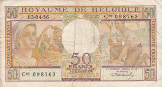 50 Francs Very Fine Banknote From Belgium 1956 Pick - 133