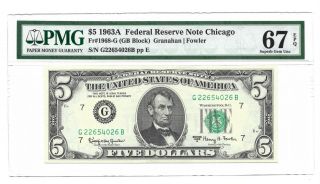 1963a $5 Chicago Frn,  Pmg Gem Uncirculated 67 Epq Banknote
