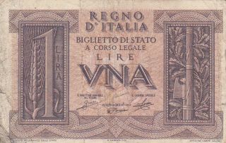 1 Lire Vg Banknote From Italy 1939 Pick - 26