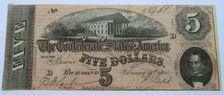 1864 D $5 Confederate States Of America Note,  Richmond Currency Bill (150949k)