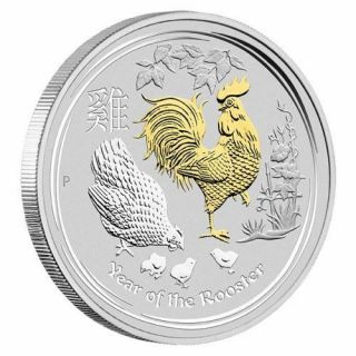2017 Australia Lunar Year Of The Rooster Gilded 1oz Silver $1 Coin W/ Ogp Gilt