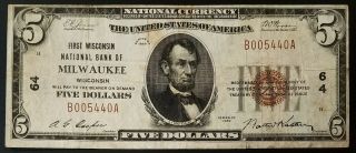 1929 $5 National Currency From The First Wisconsin National Bank Of Milwaukee