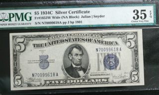 1934c $5 Blue Seal Silver Certificate Pmg Choice Very Fine 35