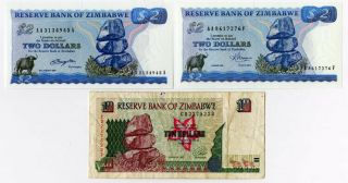 Zimbabwe 2 Dollars 1980 - 1983 P - 1a P - 1b Gem Unc,  10 Dollars 1997 P - 6 Fine (3)