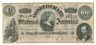 1864 $100 Confederate States Of America Note - T - 65 - Cr 490 - No Series - Vf