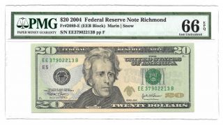2004 $20 Richmond Frn,  Pmg Gem Uncirculated 66 Epq Banknote
