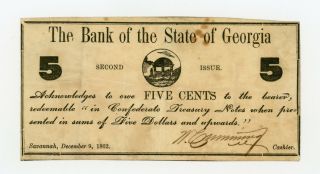 1862 5c The Bank Of The State Of Georgia Note - Civil War Era