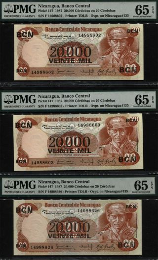Tt Pk 147 1987 Nicaragua Banco Central 20000 Cordobas Pmg 65 Epq Gem Set Of 3