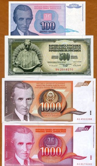 Set Yugoslavia,  4 Nicola Tesla Notes 100;500;1000;1000 Dinara 1986 - 1994 Unc