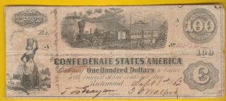 1862 One Hundred Dollars Confederate States Of America,  Richmond Train Vignette