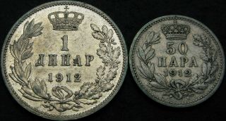 Serbia (kingdom) 50 Para,  1 Dinar 1912 - Silver - 2 Coins - 2473 ¤
