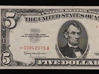 1963 $5 Star Note Red Seal CU/UNC, 2