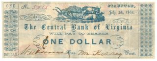1862 Central Bank Of Virginia $1 Staunton,  Va Obsolete Note [4402.  39]