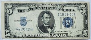 1934 - D $5.  00 Silver Certificate Blue Seal Note Five Dollar Bill -