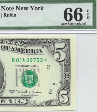 1995 $5 York Star ⭐️ Frn,  Pmg Gem Uncirculated 66 Epq Banknote