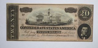 Civil War 1864 $20.  00 Confederate States Horse Blanket Note 705