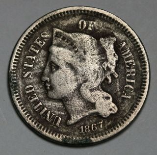 1867 Us 3 Cents Three Cent Nickel Km 95