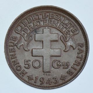 Madagascar French Colony 50 Centimes,  1943 Pretoria Bronze Coin Au