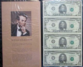 Uncut Sheet Of Four $5 Bills In Display Folder,  Series 2001