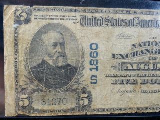 1911 FIVE DOLLAR NOTE NATIONAL EXCHANGE BANK AUGUSTA,  GA 2